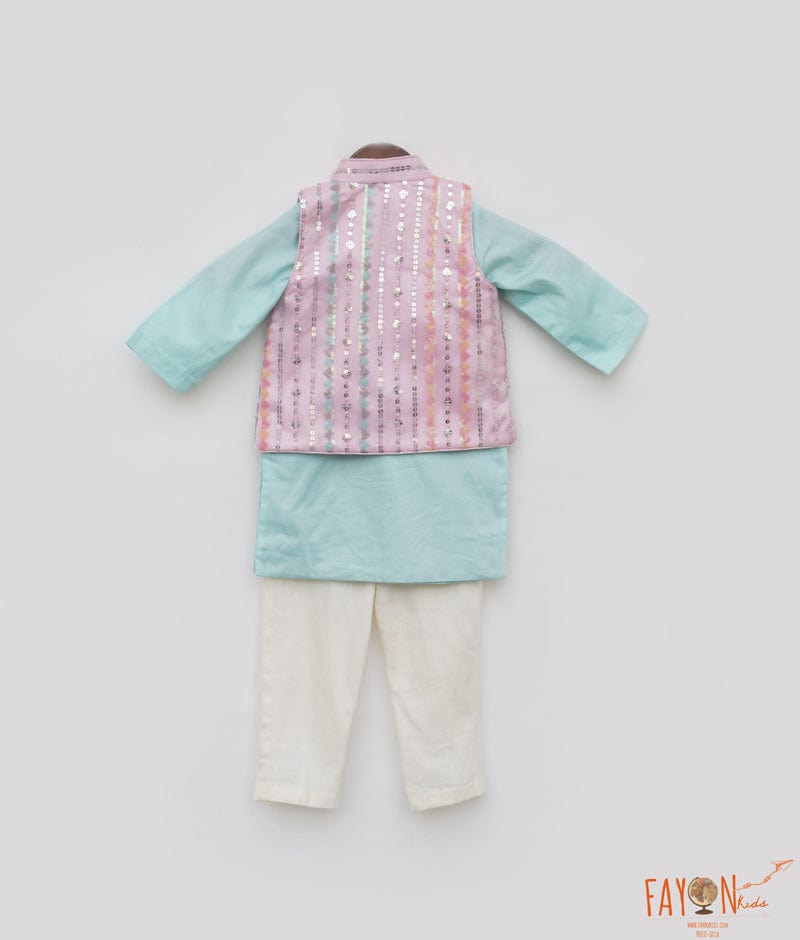 Manufactured by FAYON KIDS (Noida, U.P) Blue Kurta with Pink Embroidery Nehru Jacket Set for Boys