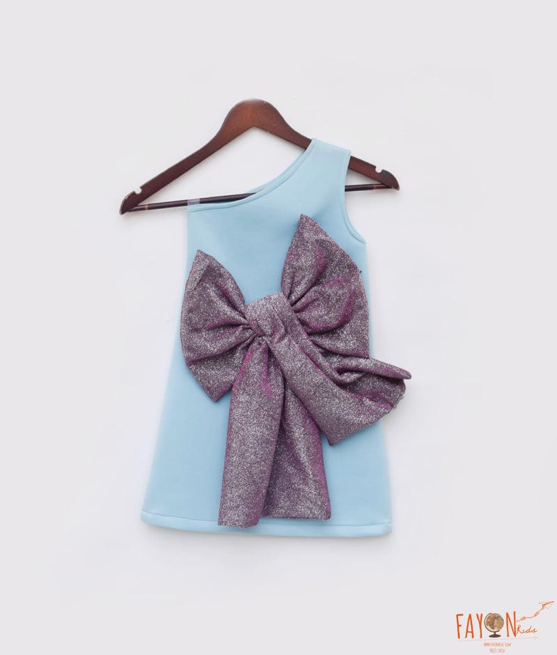 Manufactured by FAYON KIDS (Noida, U.P) Blue Lycra Dress with Purple Shimmer Bow for Girls