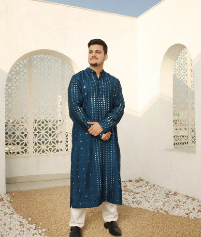 Manufactured by FAYON KIDS (Noida, U.P) Blue Mirror Embroidered Kurta Set