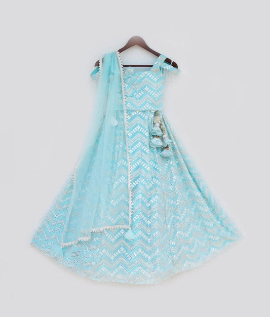 Manufactured by FAYON KIDS (Noida, U.P) Blue Mirror Embroidered Lehenga Choli Set
