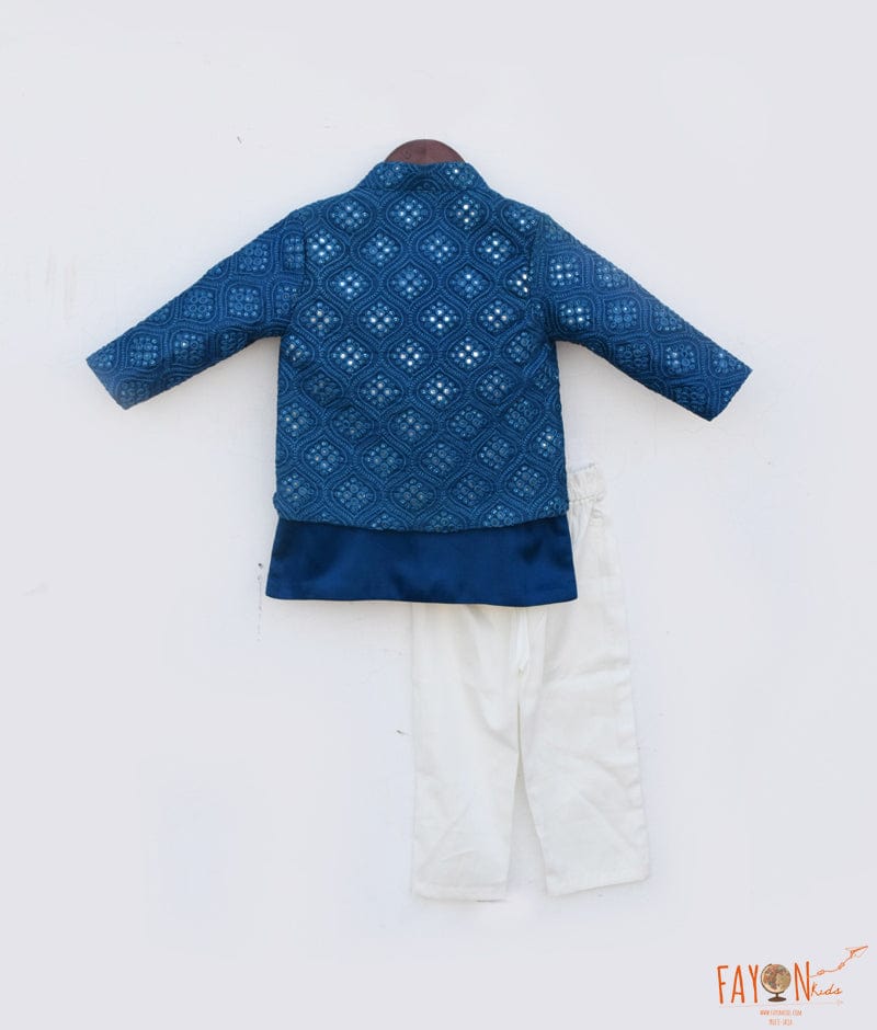 Manufactured by FAYON KIDS (Noida, U.P) Blue Mirror Embroidery Jacket with Kurta and Pant