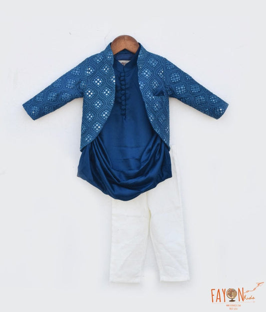 Manufactured by FAYON KIDS (Noida, U.P) Blue Mirror Embroidery Jacket with Kurta and Pant