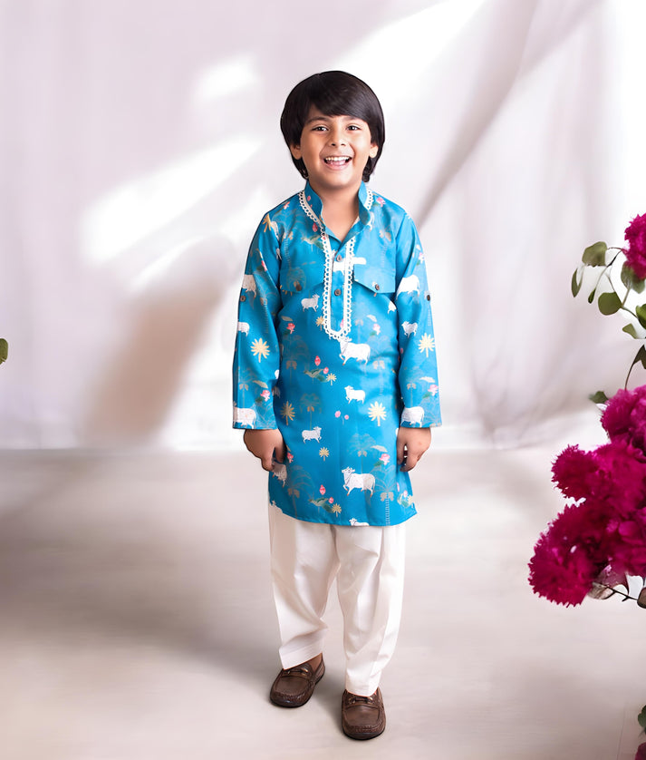 Manufactured by FAYON KIDS (Noida, U.P) Blue Nandi Printed Kurta Salwar Set