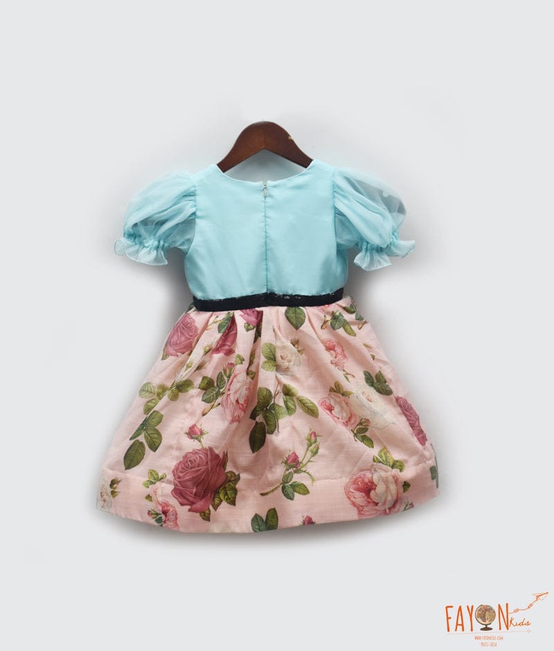 Manufactured by FAYON KIDS (Noida, U.P) Blue Organza Peach Printed Dress for Girls