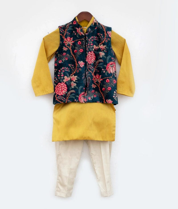 Blue Printed Velvet Jacket Set