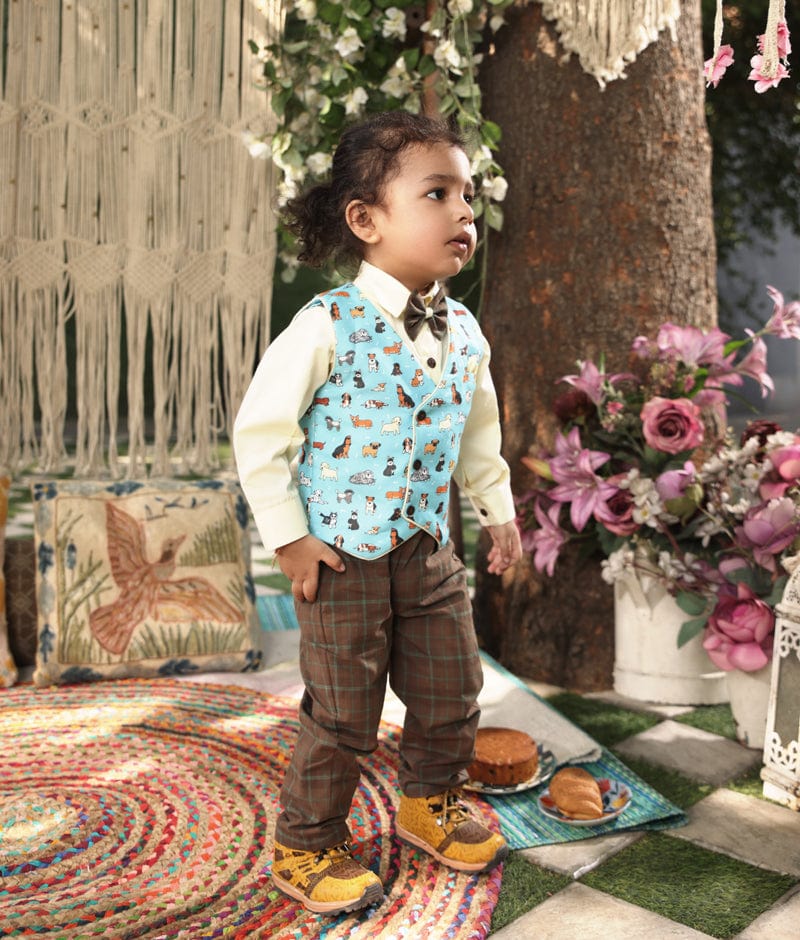 Manufactured by FAYON KIDS (Noida, U.P) Blue Printed Waist Coat Set for Boys