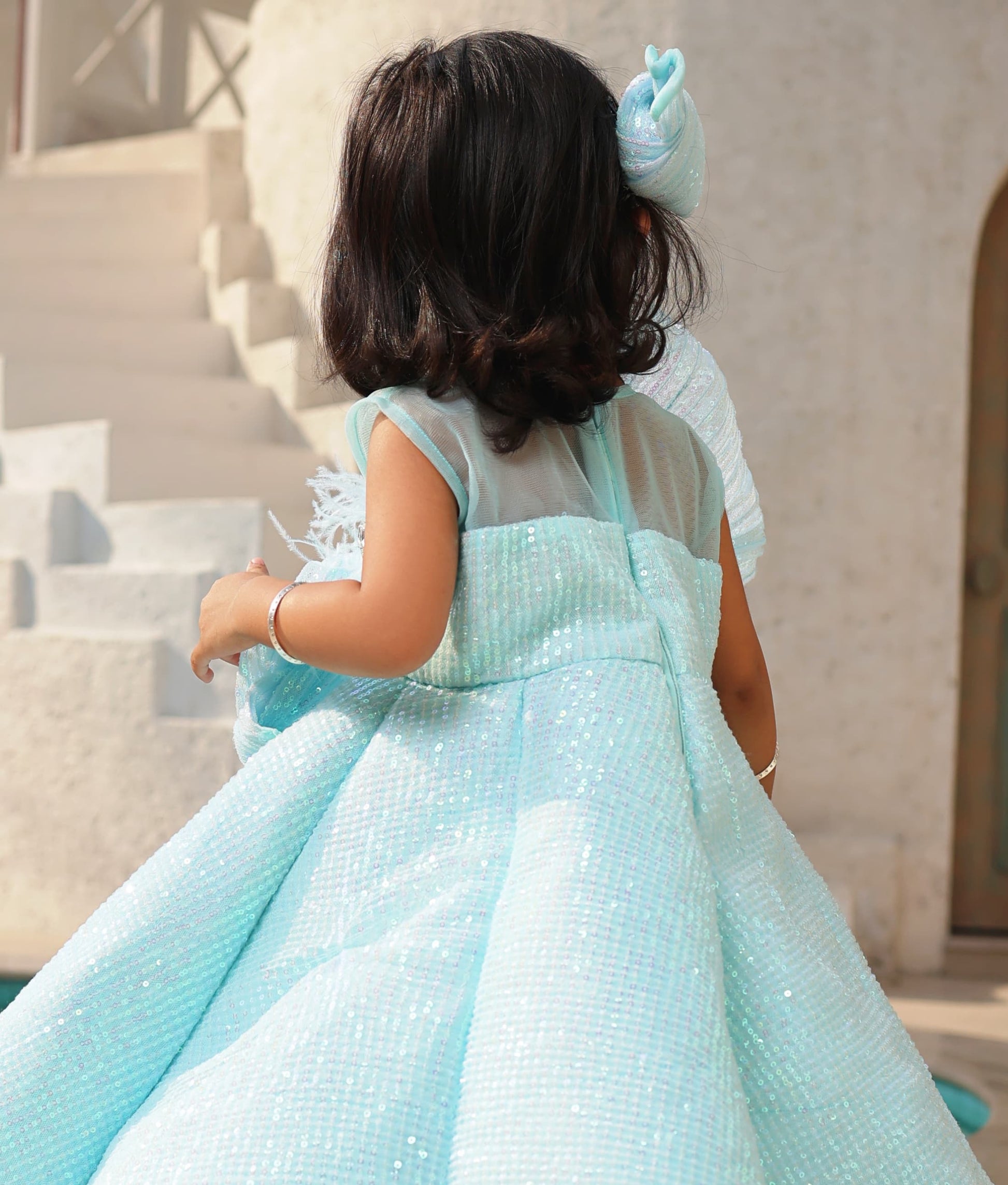 Manufactured by FAYON KIDS (Noida, U.P) Blue Sequence Embroidery Gown for Girls