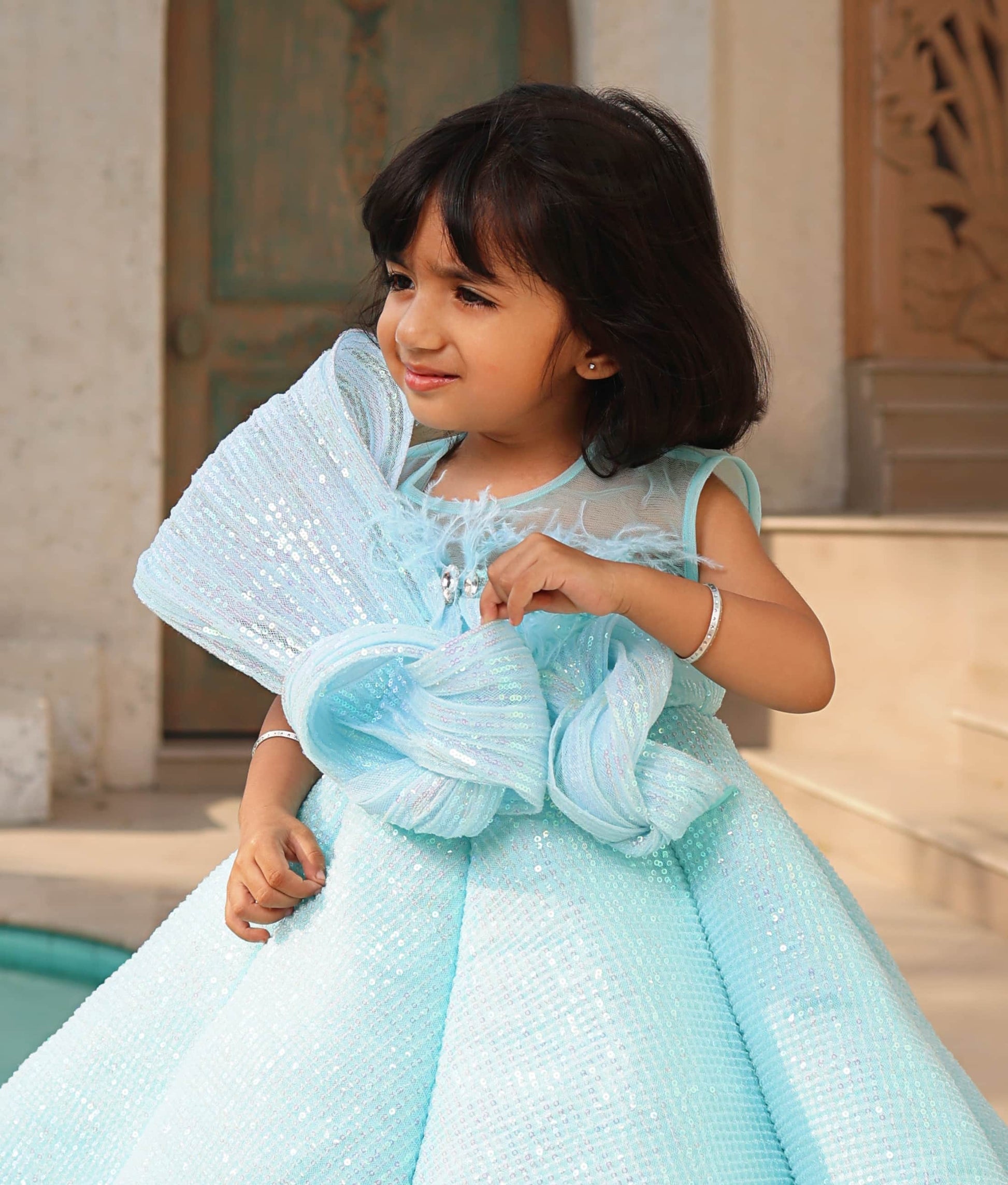 Manufactured by FAYON KIDS (Noida, U.P) Blue Sequence Embroidery Gown for Girls