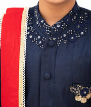 Blue Silk Sherwani with Pant & Red Stole for Boys