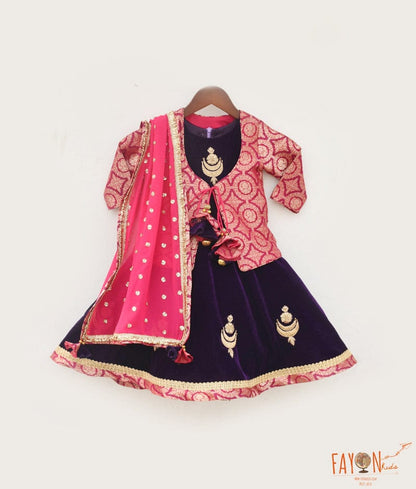 Manufactured by FAYON KIDS (Noida, U.P) Blue Velvet Anarkali with Brocade Jacket