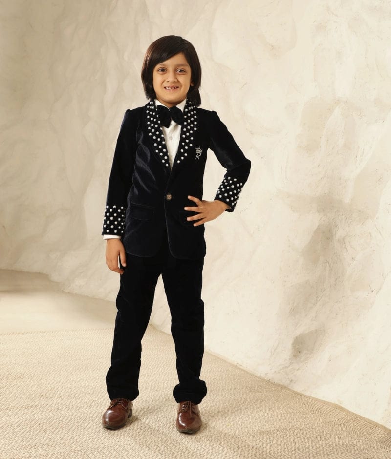 Buy Blue Velvet Coat with Shirt and Pant Online at 10% Off – FayonKids - Main Image