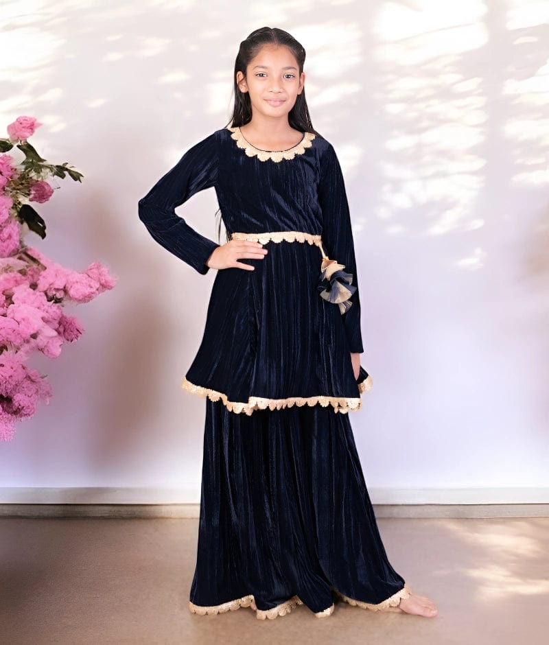 Manufactured by FAYON KIDS (Noida, U.P) Blue Velvet Kurti with Sharara