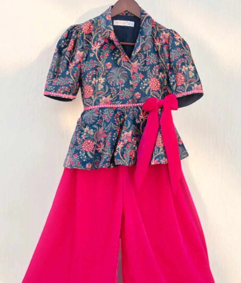 Manufactured by FAYON KIDS (Noida, U.P) Blue Velvet Printed Peplum Top with Plazzo
