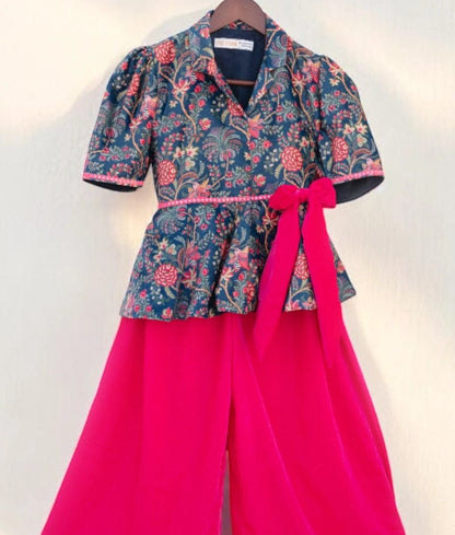Manufactured by FAYON KIDS (Noida, U.P) Blue Velvet Printed Peplum Top with Plazzo