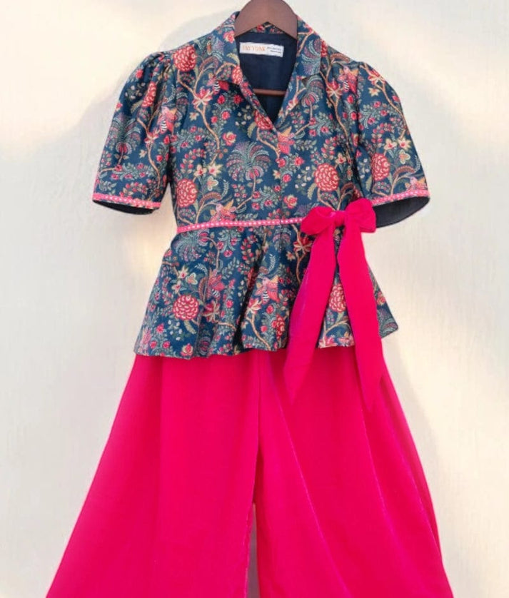 Manufactured by FAYON KIDS (Noida, U.P) Blue Velvet Printed Peplum Top with Plazzo