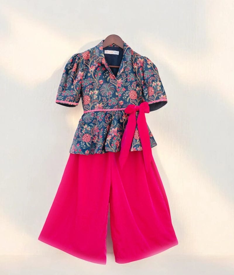Manufactured by FAYON KIDS (Noida, U.P) Blue Velvet Printed Peplum Top with Plazzo