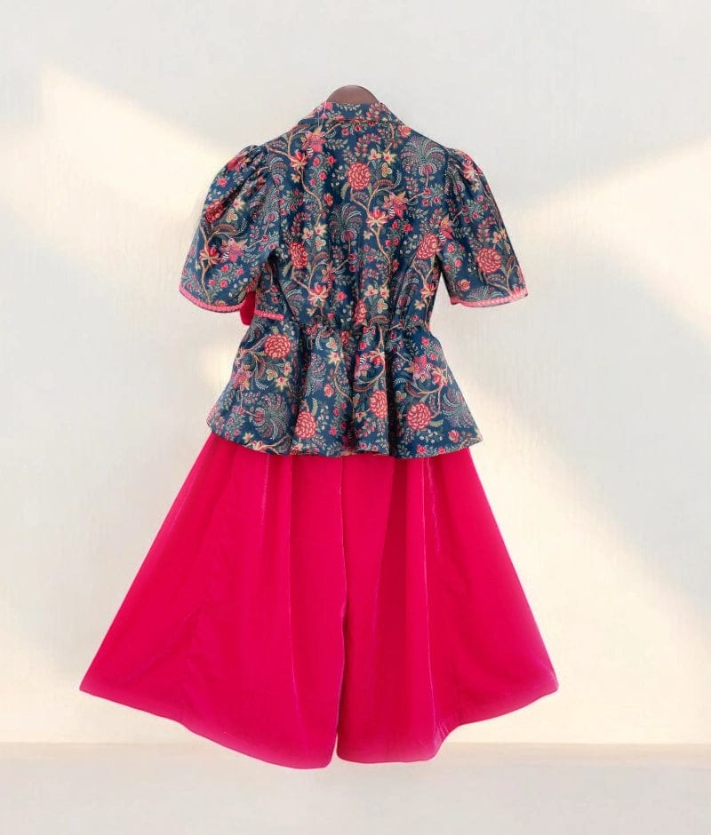 Manufactured by FAYON KIDS (Noida, U.P) Blue Velvet Printed Peplum Top with Plazzo
