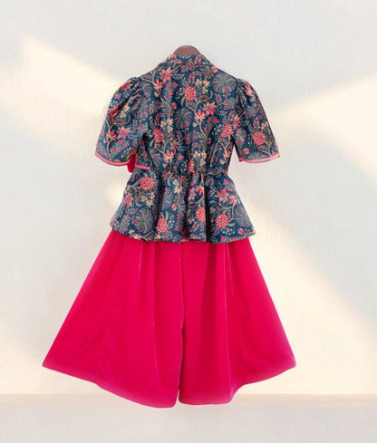 Manufactured by FAYON KIDS (Noida, U.P) Blue Velvet Printed Peplum Top with Plazzo