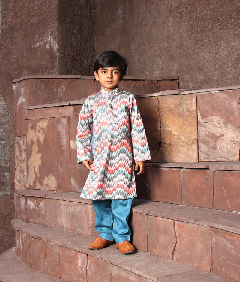 Manufactured by FAYON KIDS (Noida, U.P) Blue Zik Zak Kurta with Pant for Boys