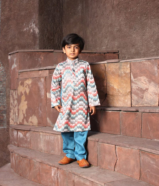 Manufactured by FAYON KIDS (Noida, U.P) Blue Zik Zak Kurta with Pant for Boys