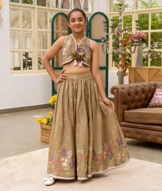 Manufactured by FAYON KIDS (Noida, U.P) Brown Embroiderd Lehenga Choli Set