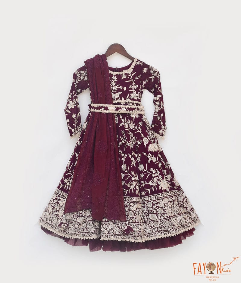 Manufactured by FAYON KIDS (Noida, U.P) Burgundy Parsi work Anarkali for Girls