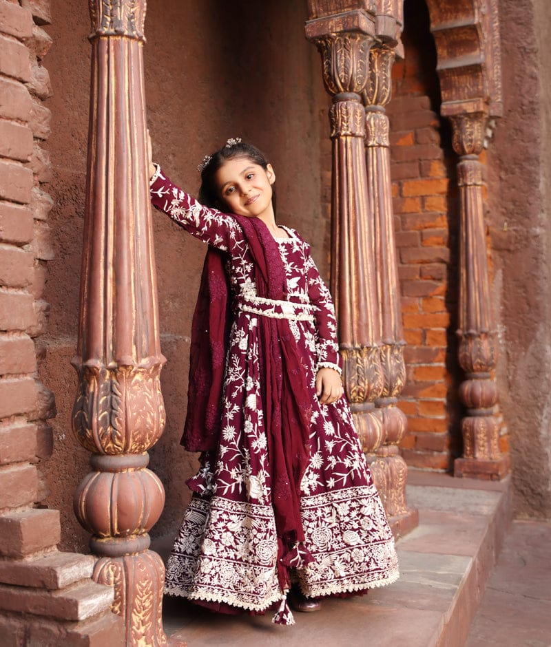 Manufactured by FAYON KIDS (Noida, U.P) Burgundy Parsi work Anarkali for Girls