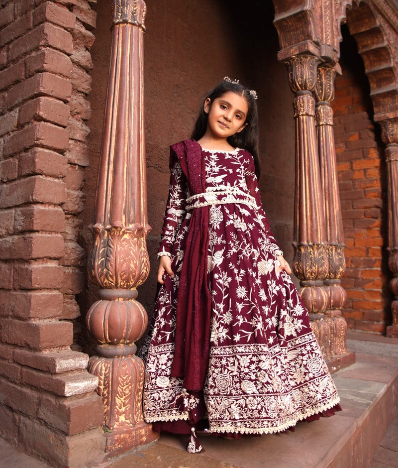 Manufactured by FAYON KIDS (Noida, U.P) Burgundy Parsi work Anarkali for Girls