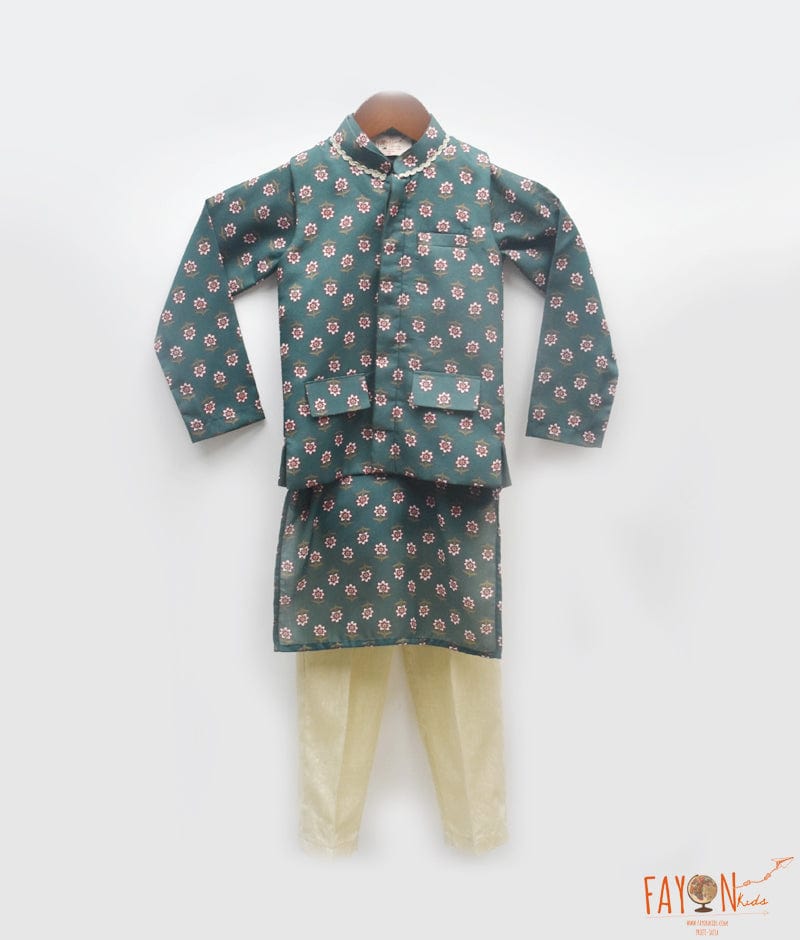 Manufactured by FAYON KIDS (Noida, U.P) Charm in Print: Boys' Nehru Jacket, Kurta, and Pant Set