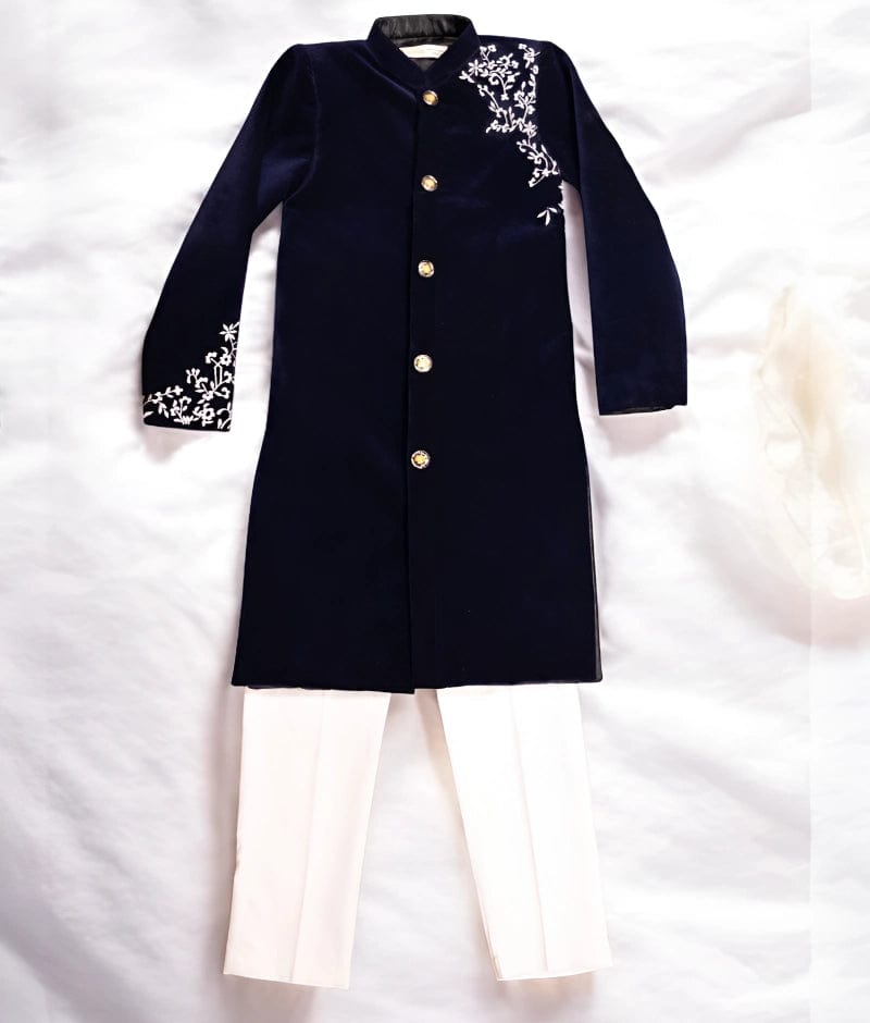 Manufactured by FAYON KIDS (Noida, U.P) Dark Blue Velvet Sherwani Set