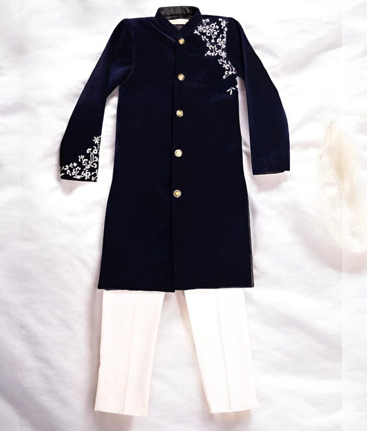 Manufactured by FAYON KIDS (Noida, U.P) Dark Blue Velvet Sherwani Set