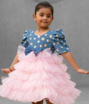 Denim & Baby Pink Shimmer Frock