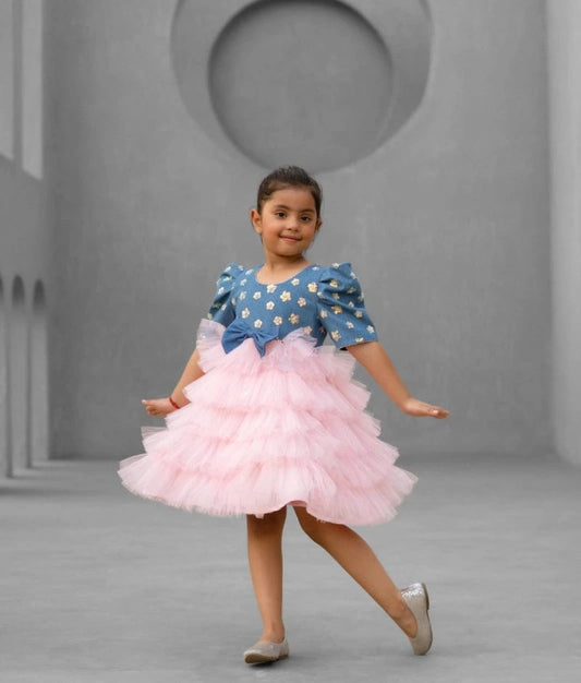 Manufactured by FAYON KIDS (Noida, U.P) Denim & Baby Pink Shimmer Frock