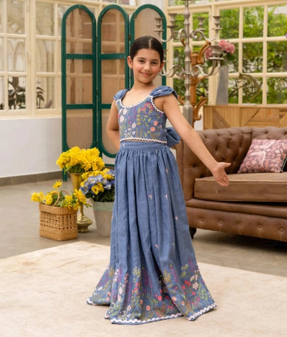 Manufactured by FAYON KIDS (Noida, U.P) Denim Bloom Crop Top Set
