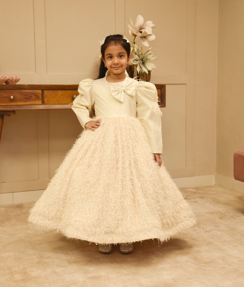 Manufactured by FAYON KIDS (Noida, U.P) Dreamy Plumes: Feather-Textured Flair Gown for Girls