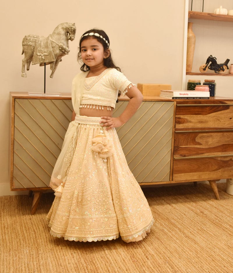 Manufactured by FAYON KIDS (Noida, U.P) Dreamy Threads: Beige Lehenga Set