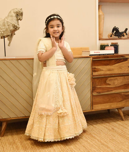 Manufactured by FAYON KIDS (Noida, U.P) Dreamy Threads: Beige Lehenga Set