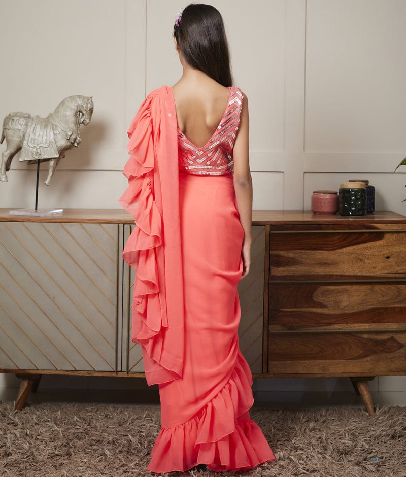 Girls Peach-Coloured Crepe Saree With Red Printed Cotton Blouse main image 1