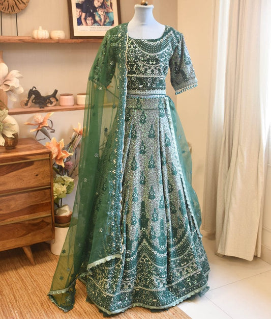 Manufactured by FAYON KIDS (Noida, U.P) Emerald Elegance: Green Embroidered Lehenga Choli Set for Girls