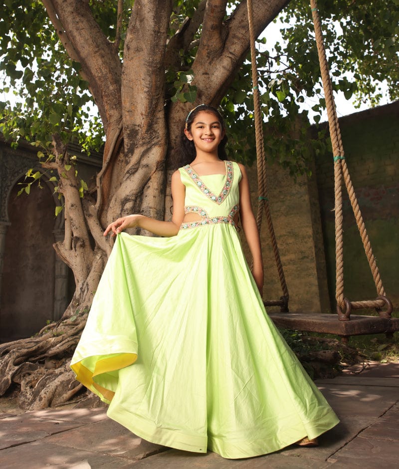 Manufactured by FAYON KIDS (Noida, U.P) Green Anarkali Pant with Printed Cape for Girls