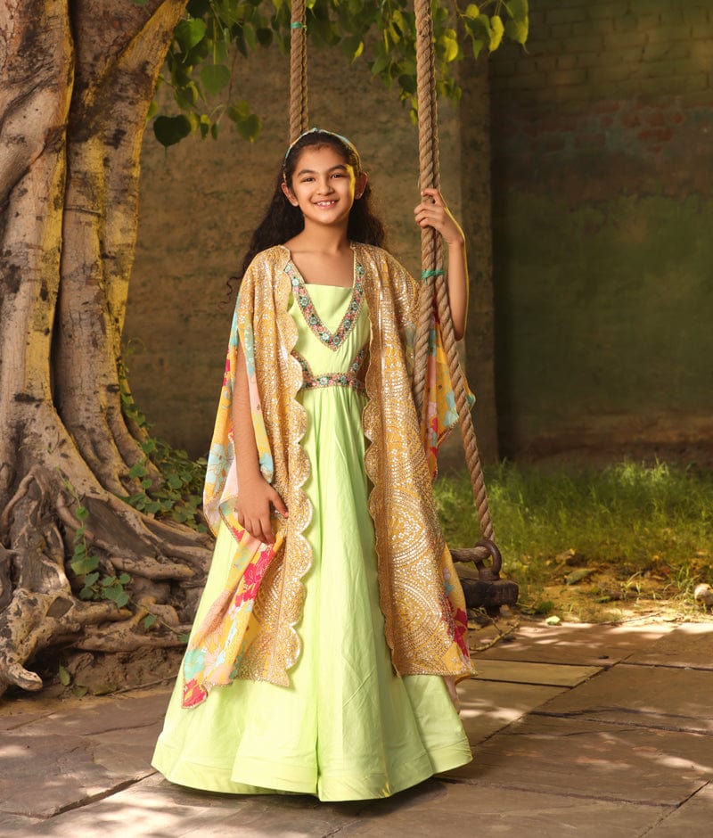 Manufactured by FAYON KIDS (Noida, U.P) Green Anarkali Pant with Printed Cape for Girls