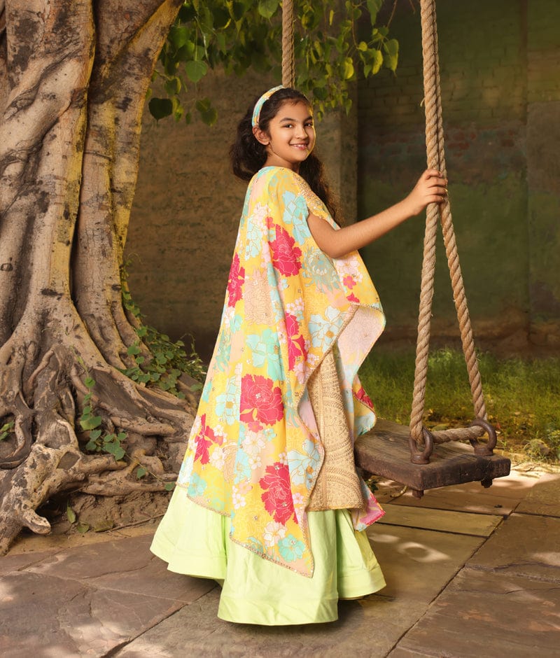 Manufactured by FAYON KIDS (Noida, U.P) Green Anarkali Pant with Printed Cape for Girls