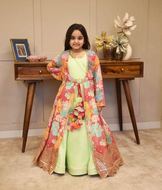 Manufactured by FAYON KIDS (Noida, U.P) Green anarkali with pink printed cape