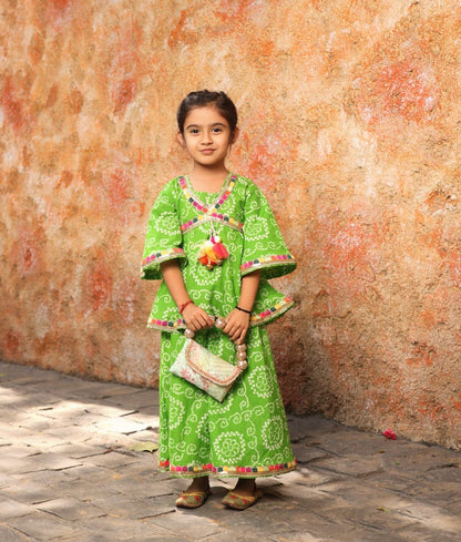 Manufactured by FAYON KIDS (Noida, U.P) Green Bandhaj Kurti Sharara for Girls
