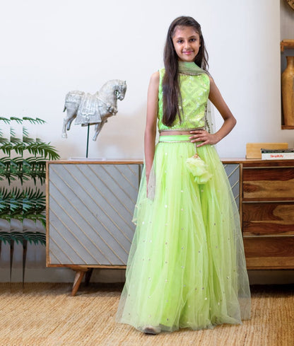 Manufactured by FAYON KIDS (Noida, U.P) Green Boti Net Lehenga Set