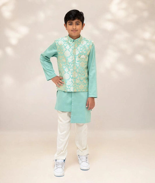Green Brocade Jacket with Kurta and Pant