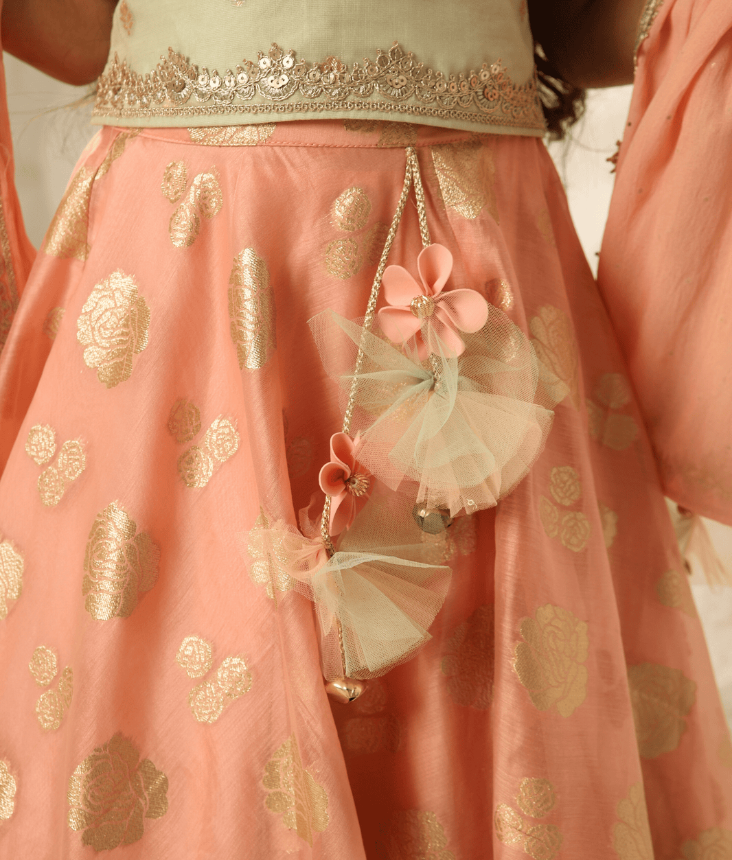 Girls Pastel Green Embroidered Chanderi Lehenga