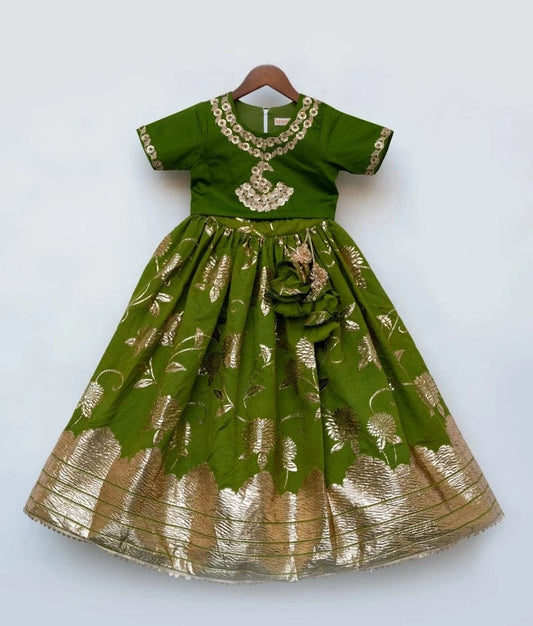 Manufactured by FAYON KIDS (Noida, U.P) Green Chanderi Lehenga Set