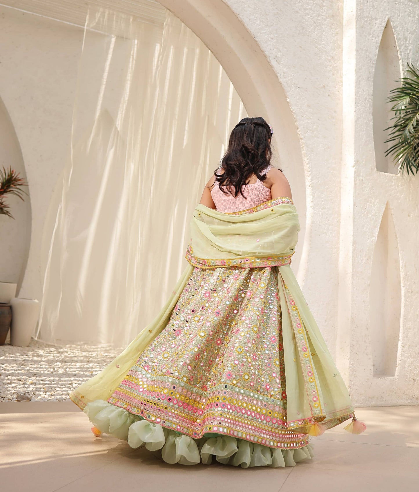 Manufactured by FAYON KIDS (Noida, U.P) Green Embroidered Choli with Lehenga