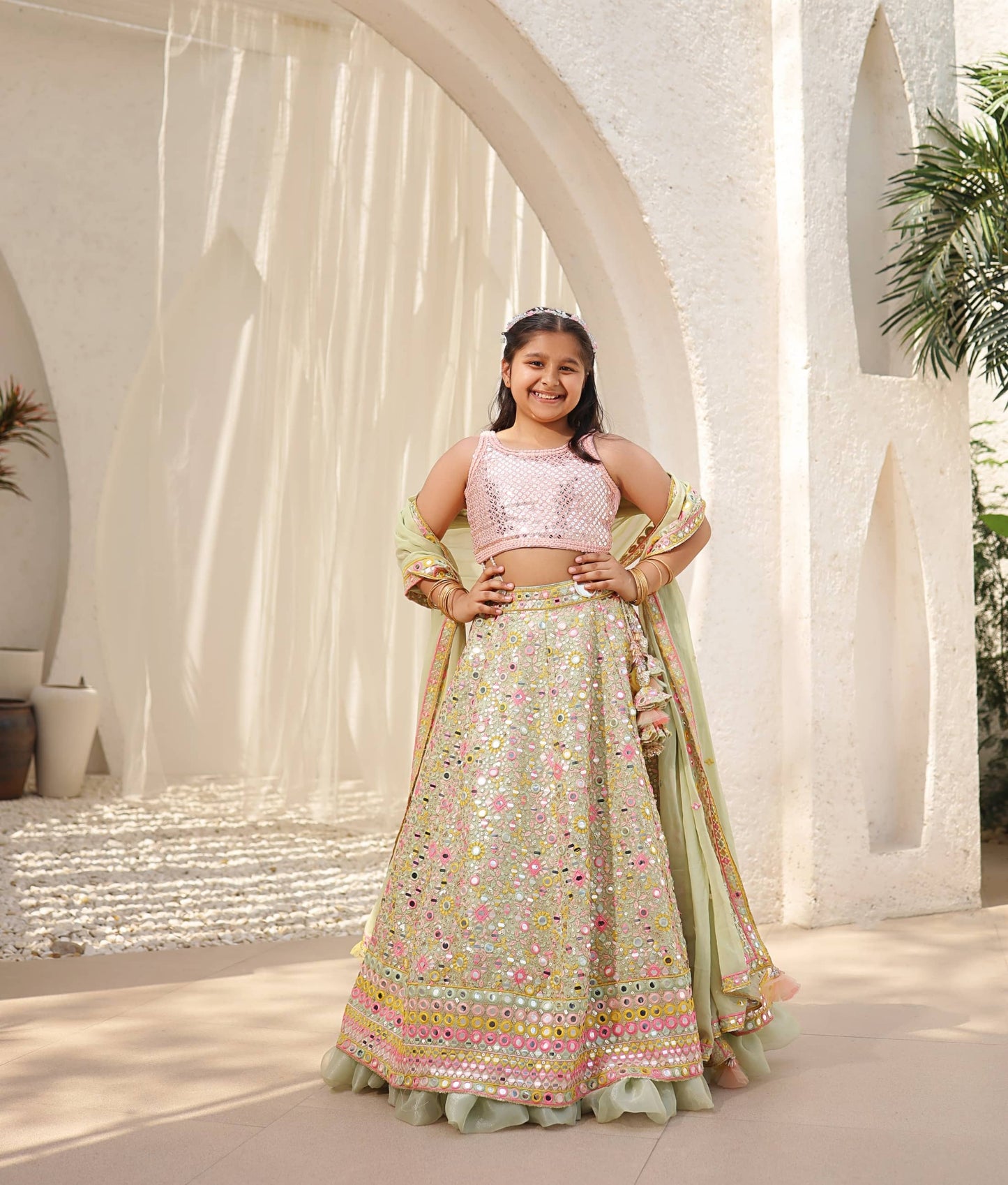 Manufactured by FAYON KIDS (Noida, U.P) Green Embroidered Choli with Lehenga